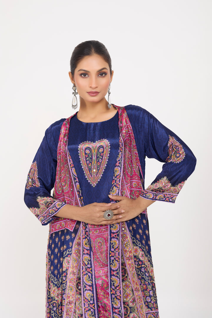 Indo-Western Printed Shrug Set - Hand Embroidered - Set of 3 - Dark Blue