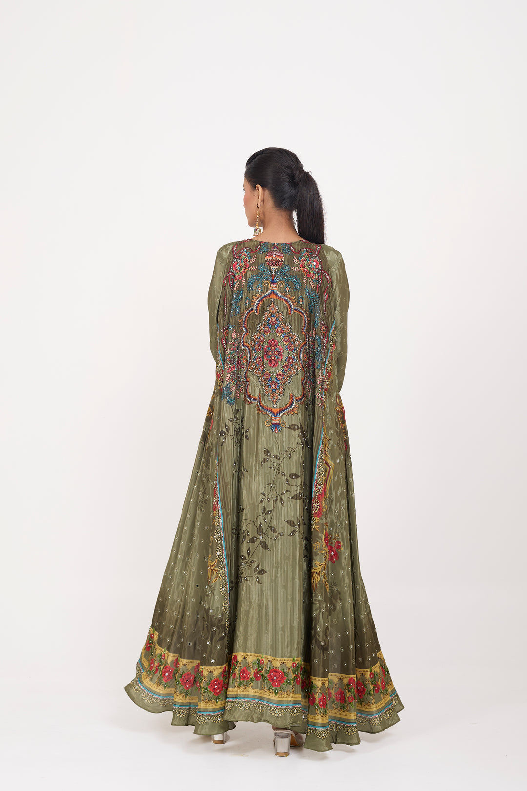 Indo-Western Printed Shrug Set - Hand Embroidered - Set of 3 - Metallic Green