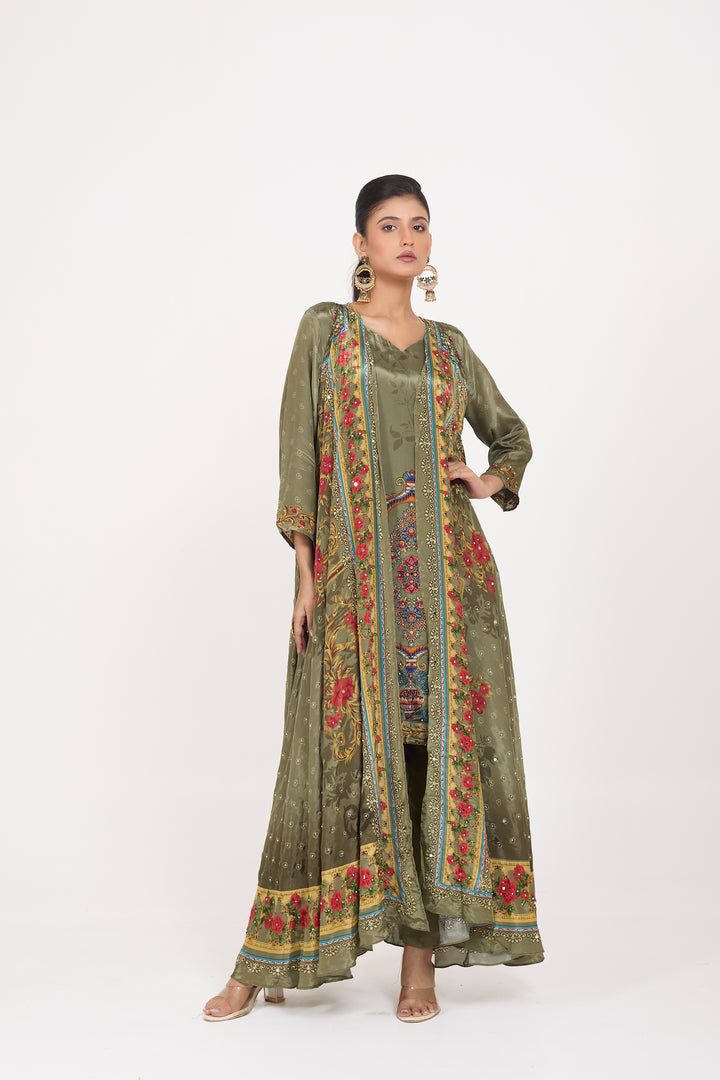 Indo-Western Printed Shrug Set - Hand Embroidered - Set of 3 - Metallic Green
