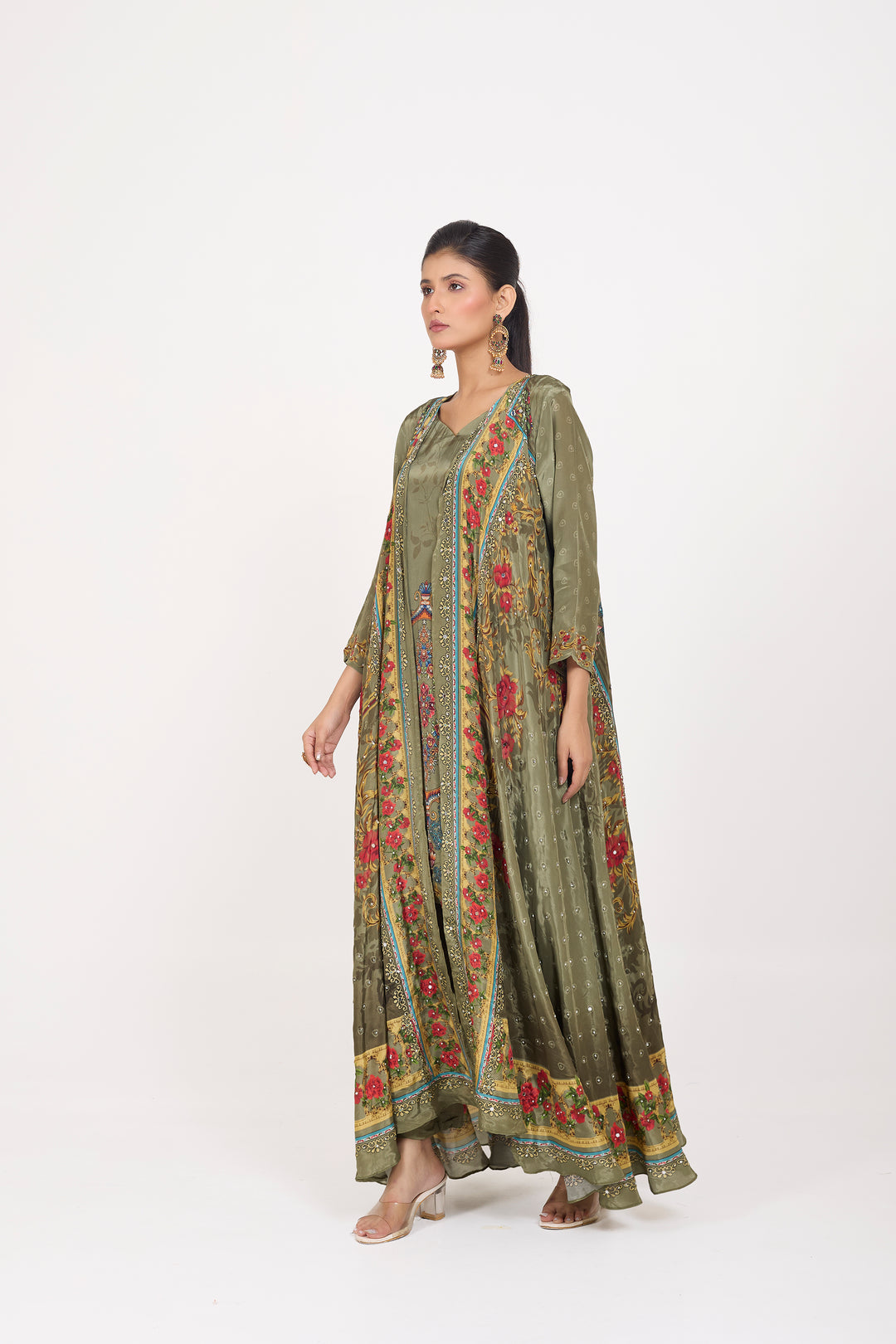 Indo-Western Printed Shrug Set - Hand Embroidered - Set of 3 - Metallic Green