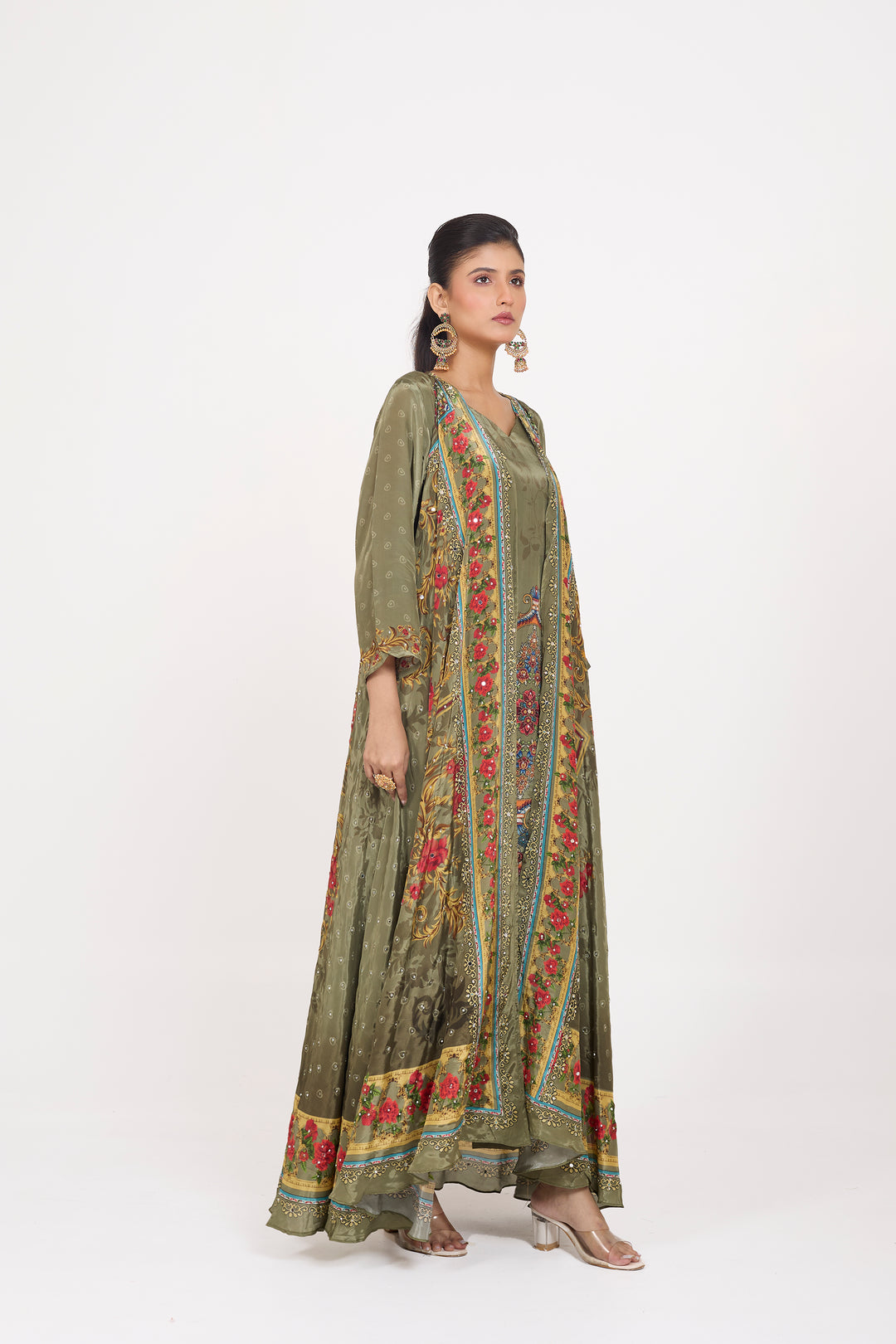 Indo-Western Printed Shrug Set - Hand Embroidered - Set of 3 - Metallic Green