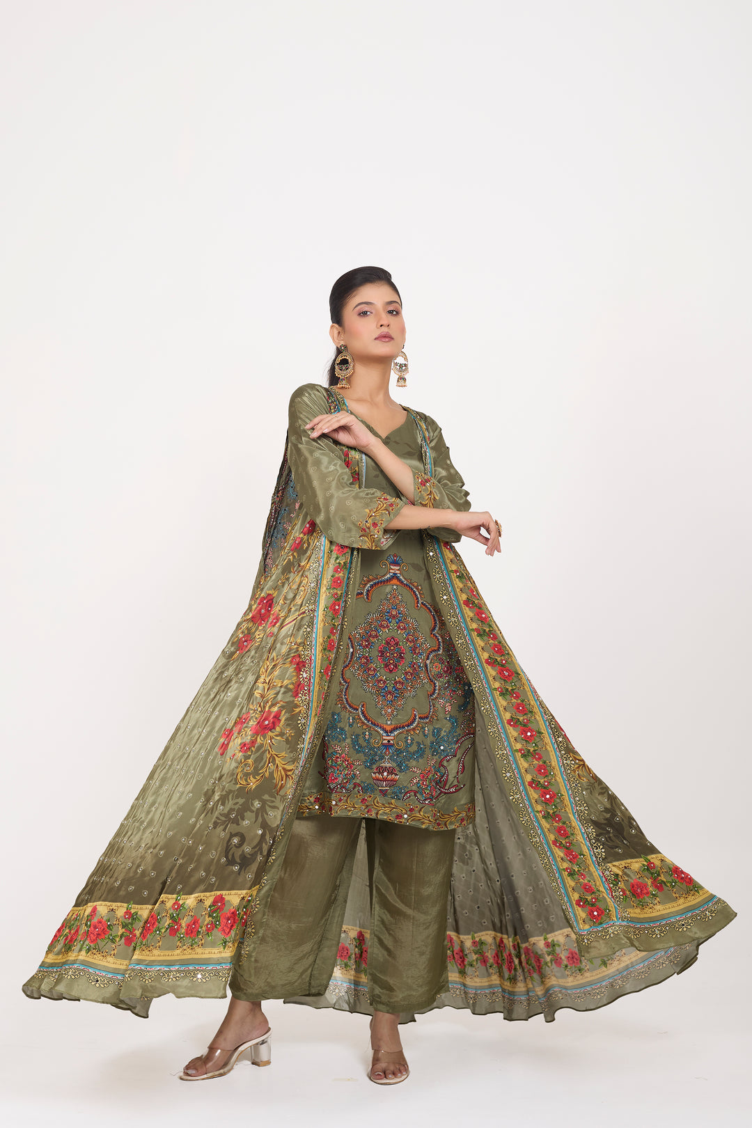 Indo-Western Printed Shrug Set - Hand Embroidered - Set of 3 - Metallic Green
