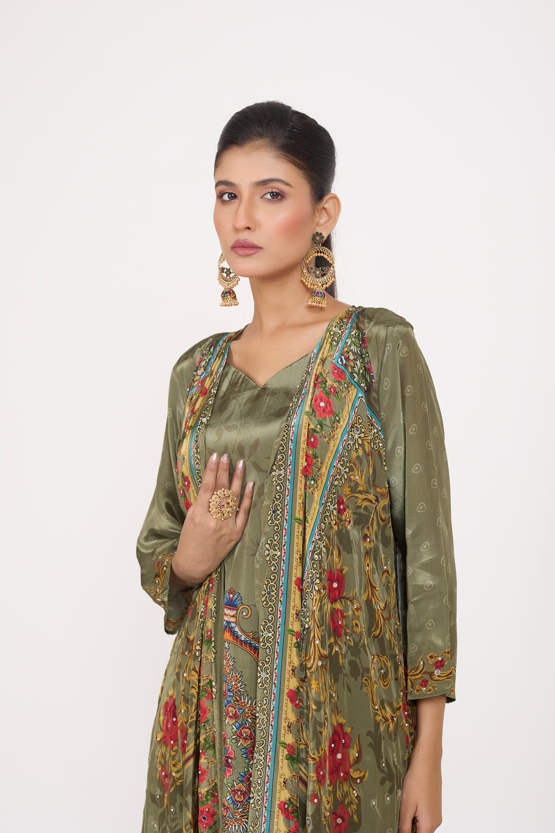 Indo-Western Printed Shrug Set - Hand Embroidered - Set of 3 - Metallic Green