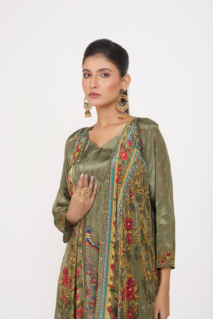 Indo-Western Printed Shrug Set - Hand Embroidered - Set of 3 - Metallic Green