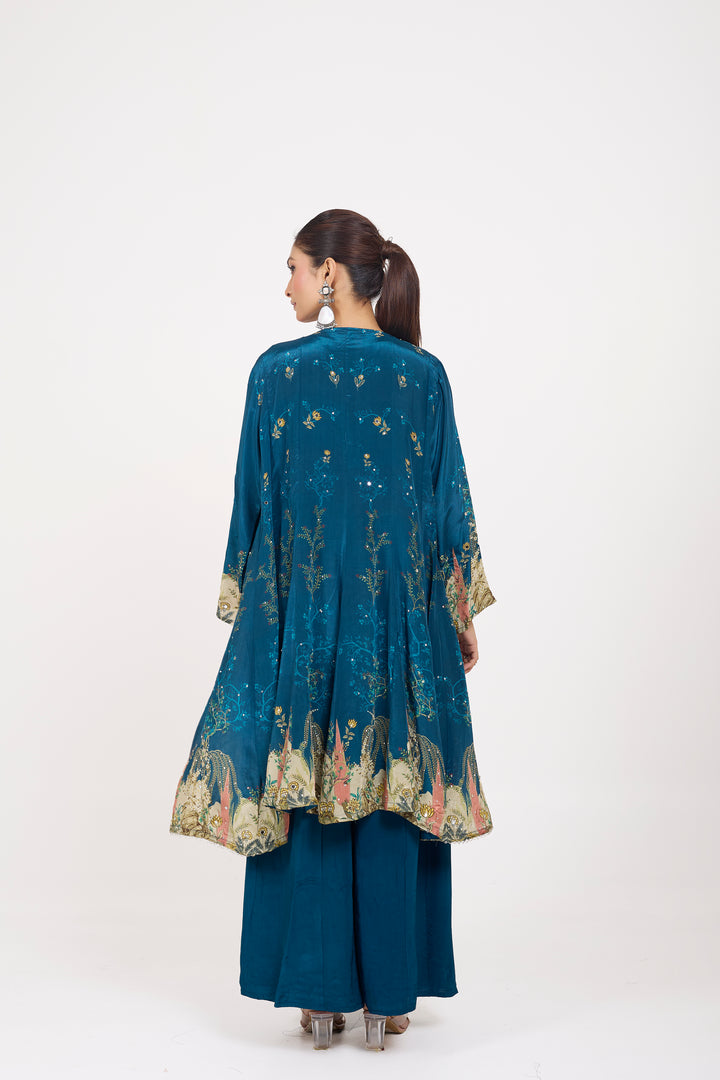 Indo-Western Printed Shrug Set - Hand Embroidered - Set of 3 - Blue
