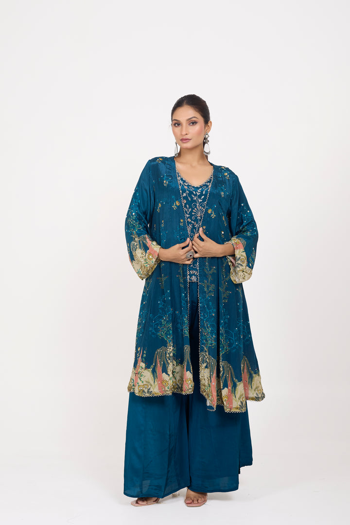 Indo-Western Printed Shrug Set - Hand Embroidered - Set of 3 - Blue