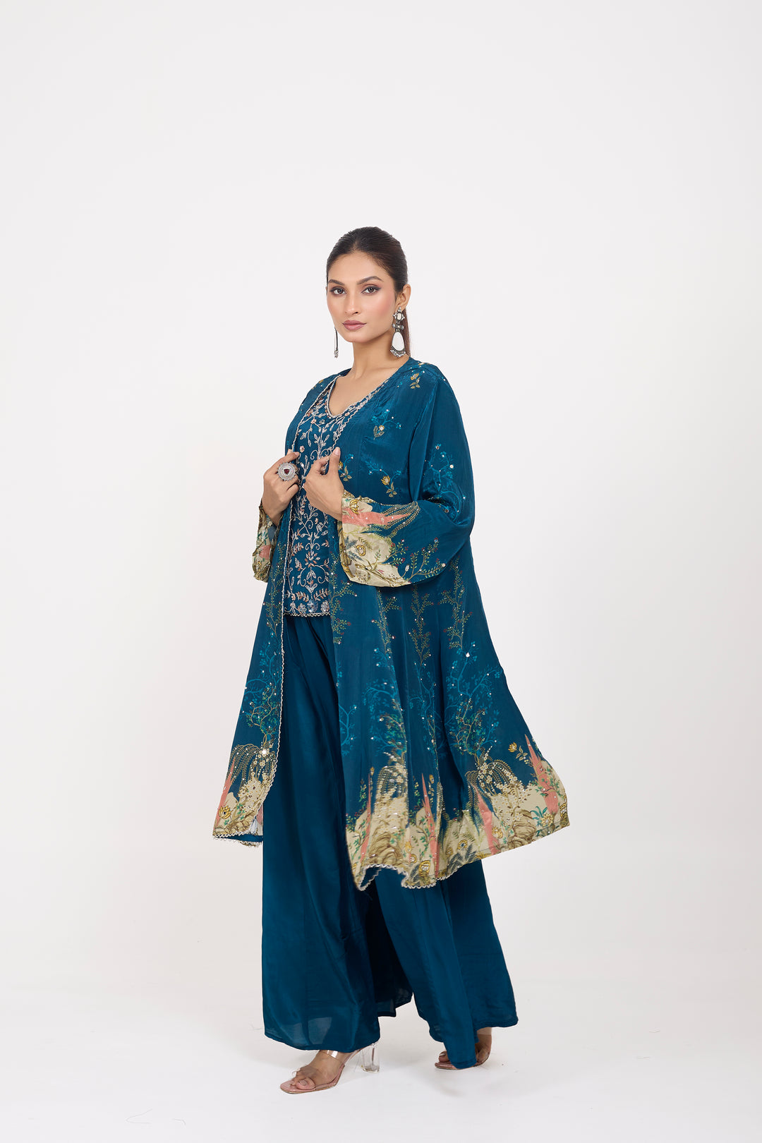 Indo-Western Printed Shrug Set - Hand Embroidered - Set of 3 - Blue