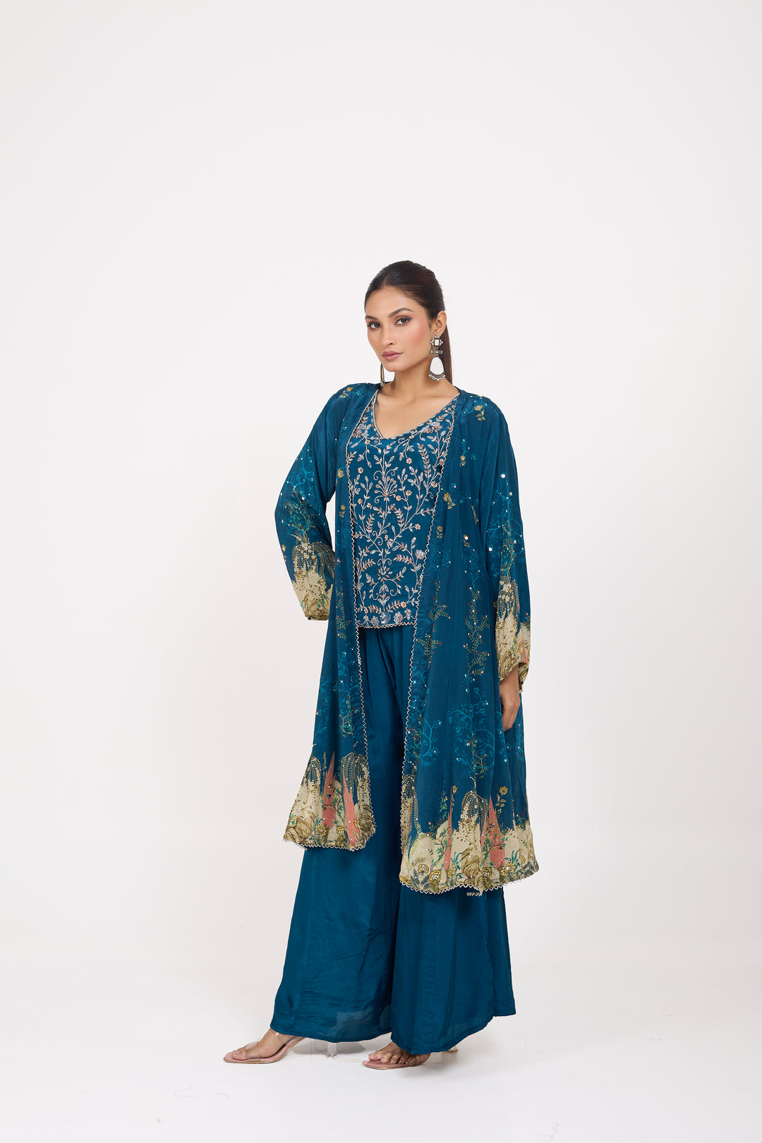 Indo-Western Printed Shrug Set - Hand Embroidered - Set of 3 - Blue