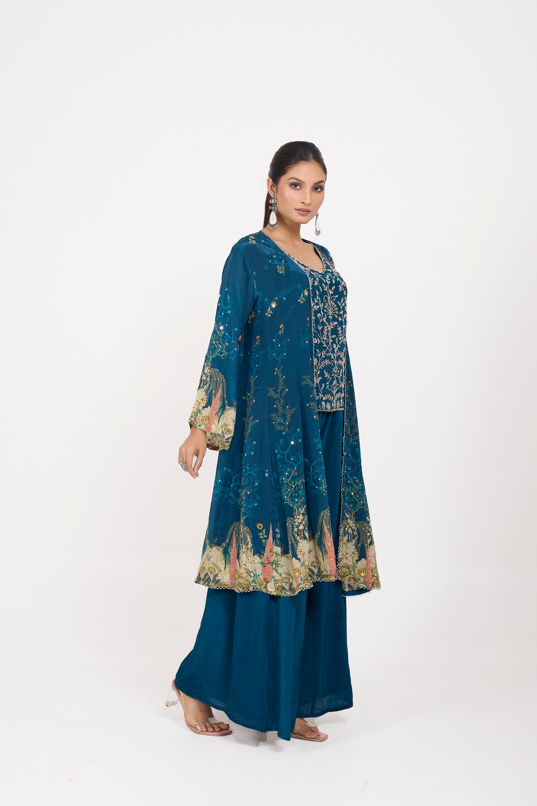 Indo-Western Printed Shrug Set - Hand Embroidered - Set of 3 - Blue