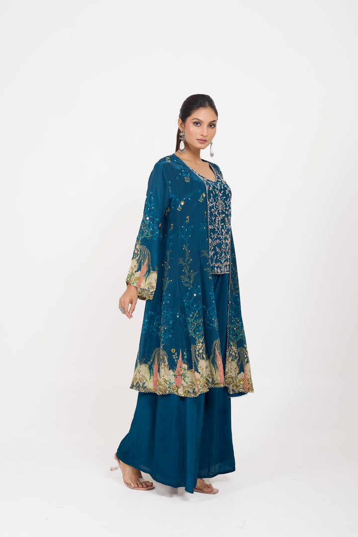 Indo-Western Printed Shrug Set - Hand Embroidered - Set of 3 - Blue