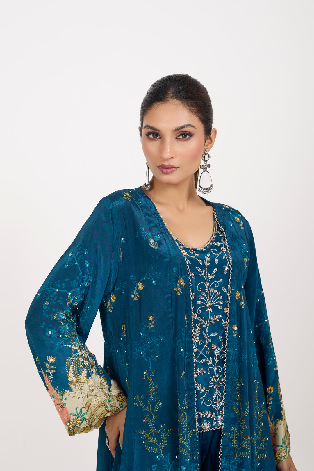 Indo-Western Printed Shrug Set - Hand Embroidered - Set of 3 - Blue