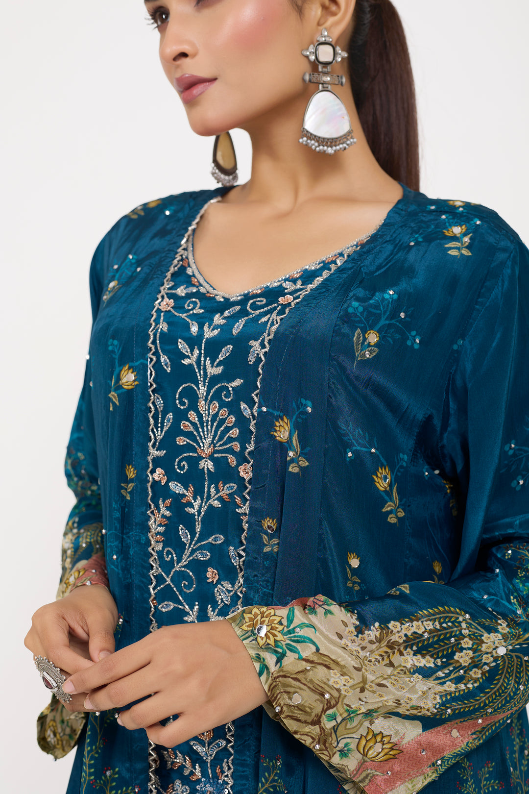 Indo-Western Printed Shrug Set - Hand Embroidered - Set of 3 - Blue