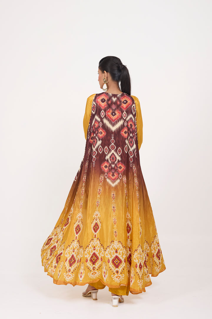Indo-Western Printed Shrug Set - Hand Embroidered - Set of 3 - Mustard