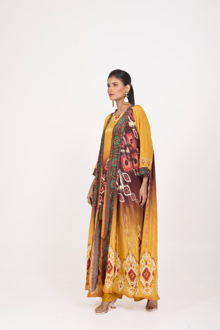 Indo-Western Printed Shrug Set - Hand Embroidered - Set of 3 - Mustard