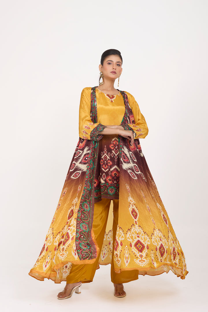 Indo-Western Printed Shrug Set - Hand Embroidered - Set of 3 - Mustard
