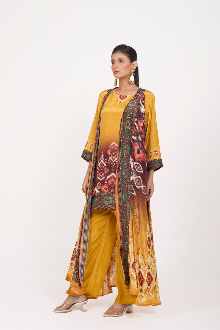 Indo-Western Printed Shrug Set - Hand Embroidered - Set of 3 - Mustard