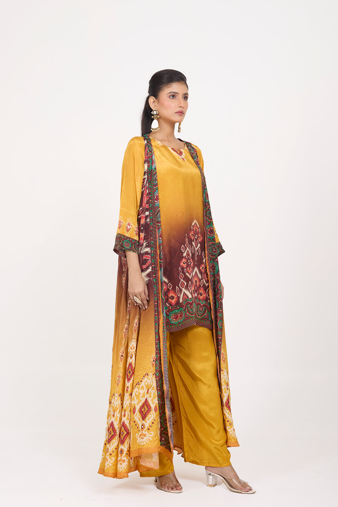 Indo-Western Printed Shrug Set - Hand Embroidered - Set of 3 - Mustard