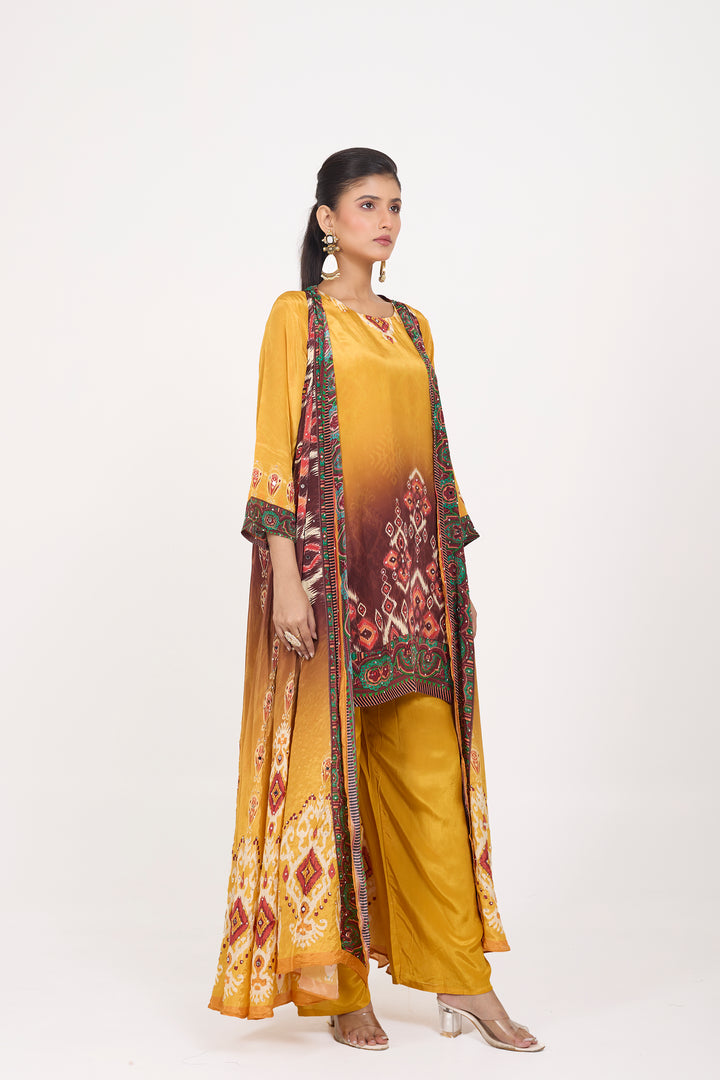 Indo-Western Printed Shrug Set - Hand Embroidered - Set of 3 - Mustard