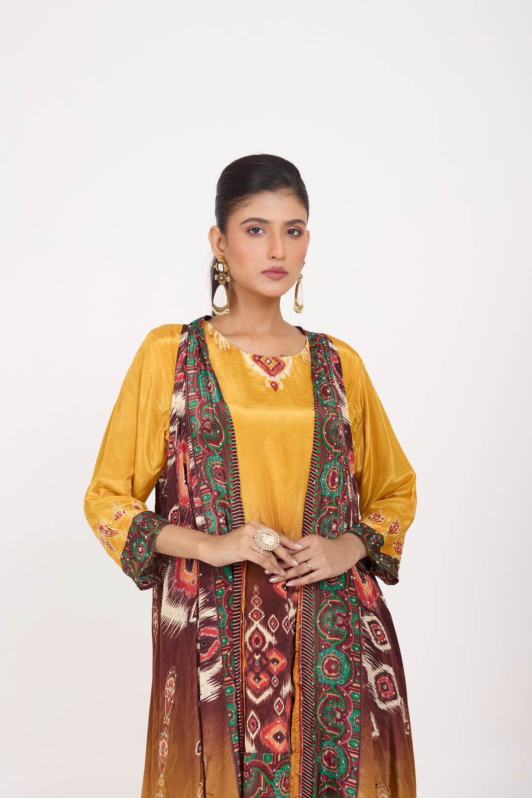 Indo-Western Printed Shrug Set - Hand Embroidered - Set of 3 - Mustard