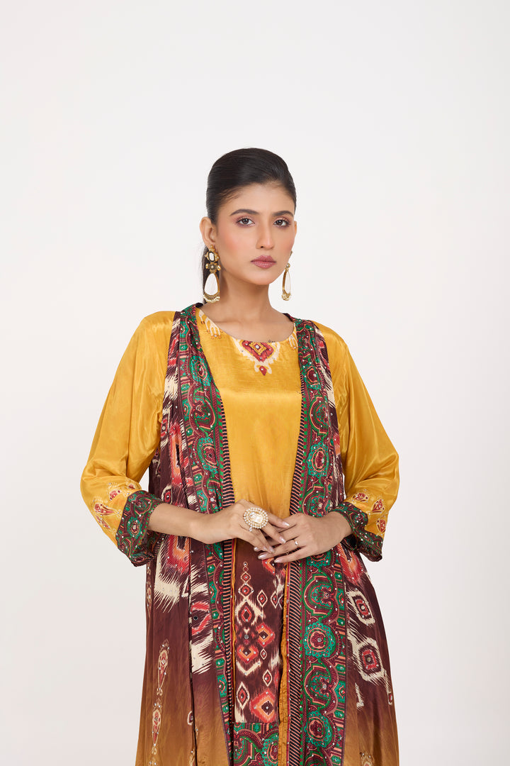 Indo-Western Printed Shrug Set - Hand Embroidered - Set of 3 - Mustard
