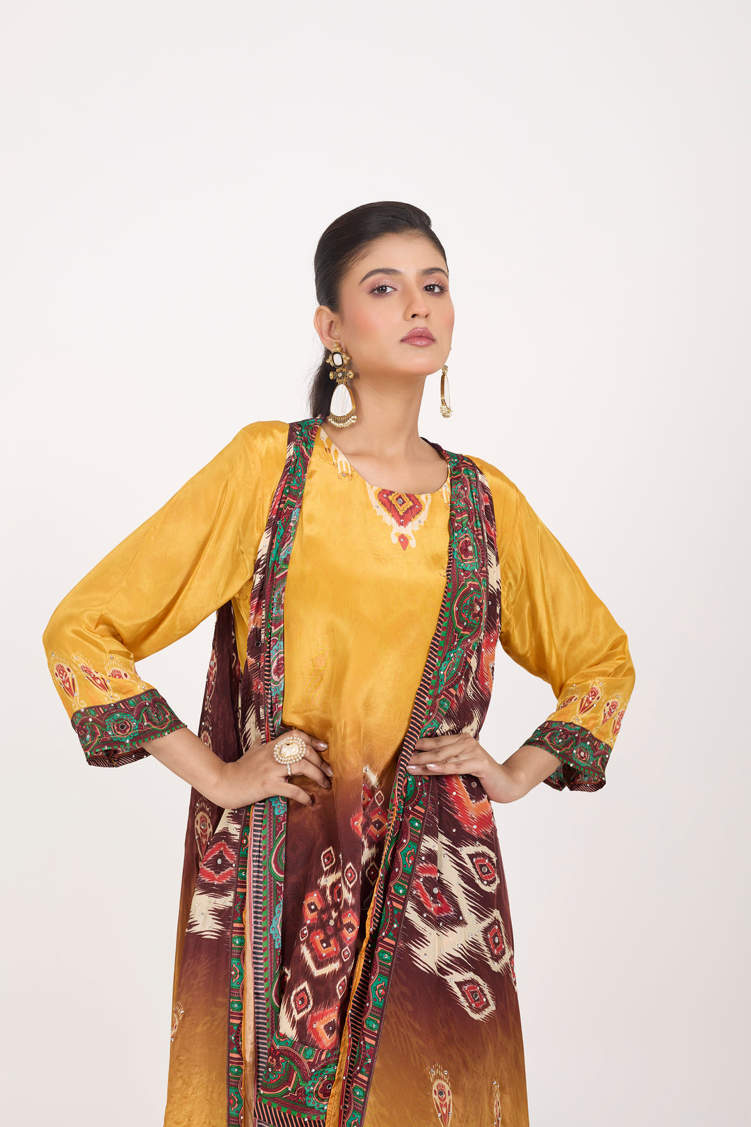 Indo-Western Printed Shrug Set - Hand Embroidered - Set of 3 - Mustard