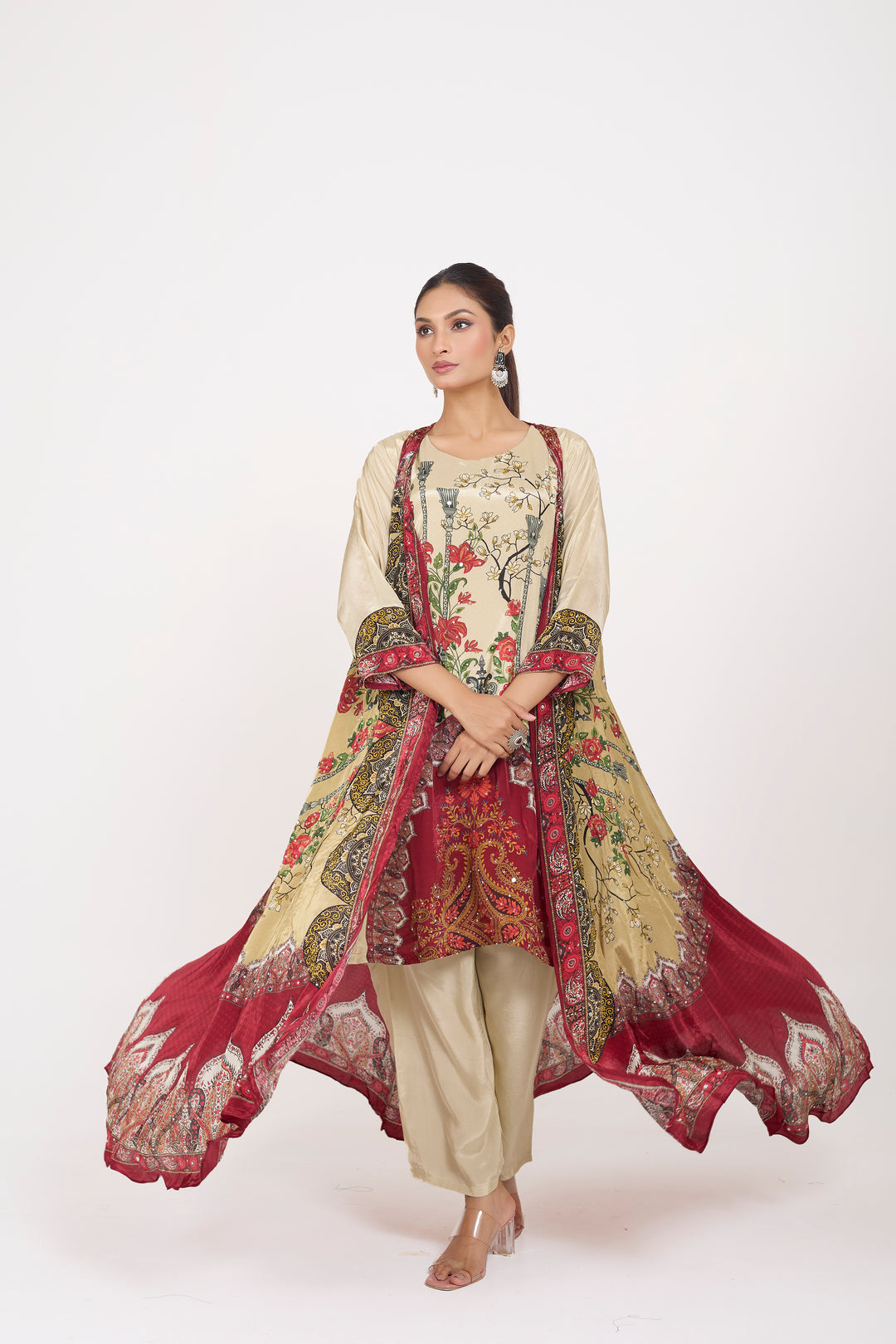 Indo-Western Printed Shrug Set - Hand Embroidered - Set of 3 - Beige