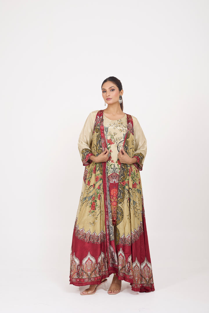 Indo-Western Printed Shrug Set - Hand Embroidered - Set of 3 - Beige