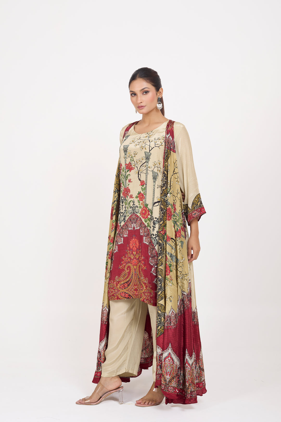 Indo-Western Printed Shrug Set - Hand Embroidered - Set of 3 - Beige
