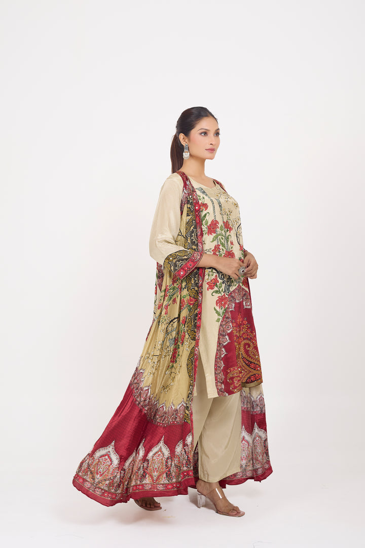 Indo-Western Printed Shrug Set - Hand Embroidered - Set of 3 - Beige