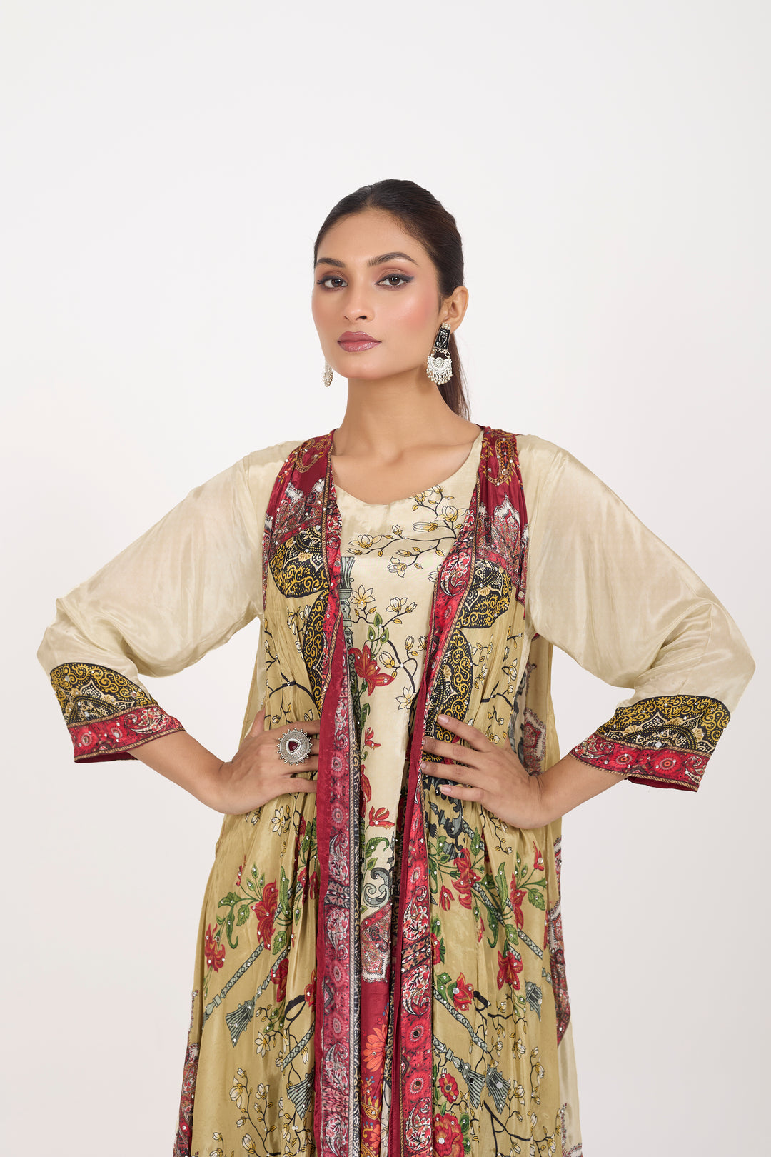 Indo-Western Printed Shrug Set - Hand Embroidered - Set of 3 - Beige