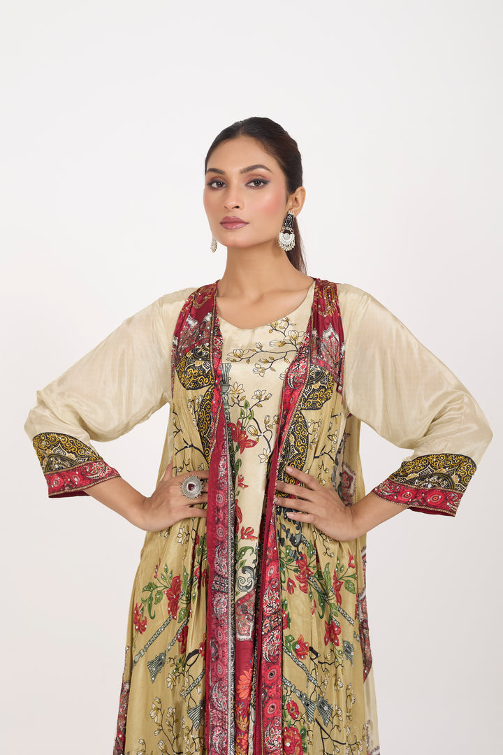 Indo-Western Printed Shrug Set - Hand Embroidered - Set of 3 - Beige