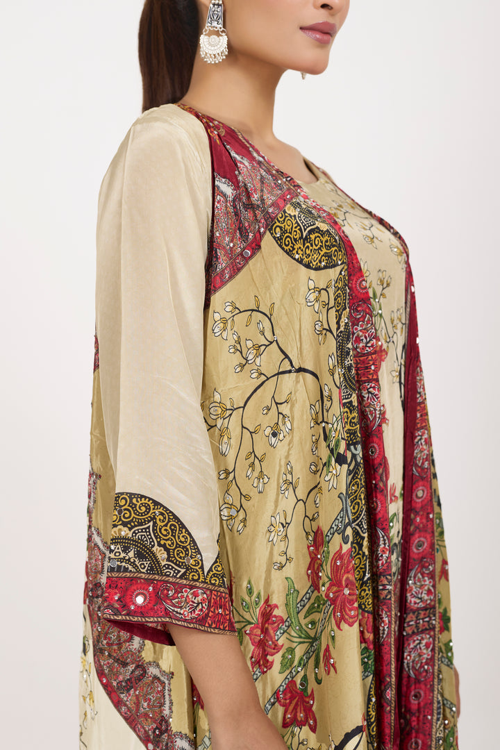 Indo-Western Printed Shrug Set - Hand Embroidered - Set of 3 - Beige