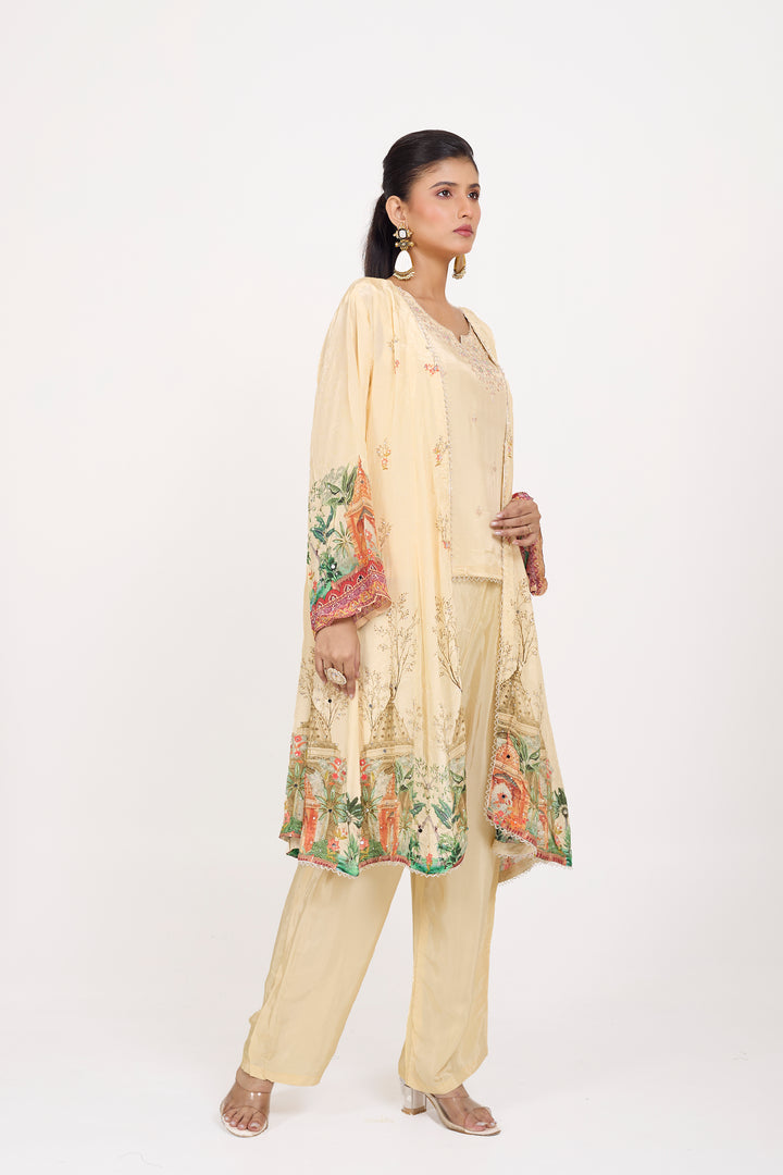Indo-Western Printed Shrug Set - Hand Embroidered - Set of 3 - Off-White