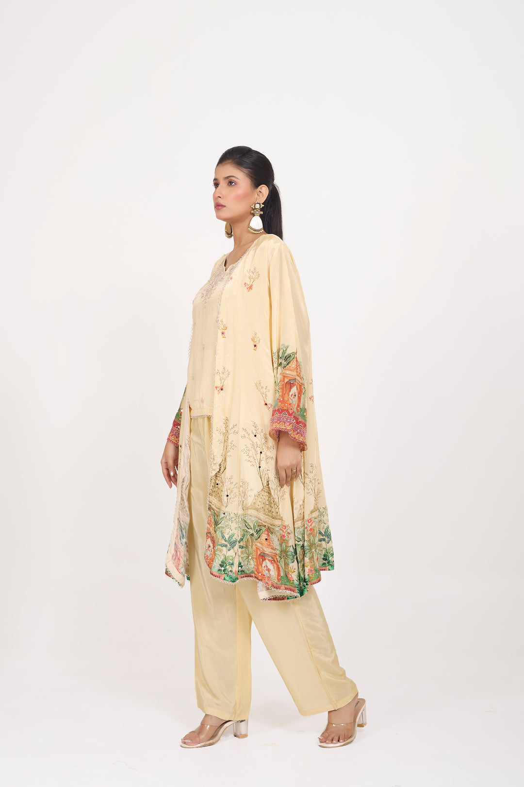 Indo-Western Printed Shrug Set - Hand Embroidered - Set of 3 - Off-White