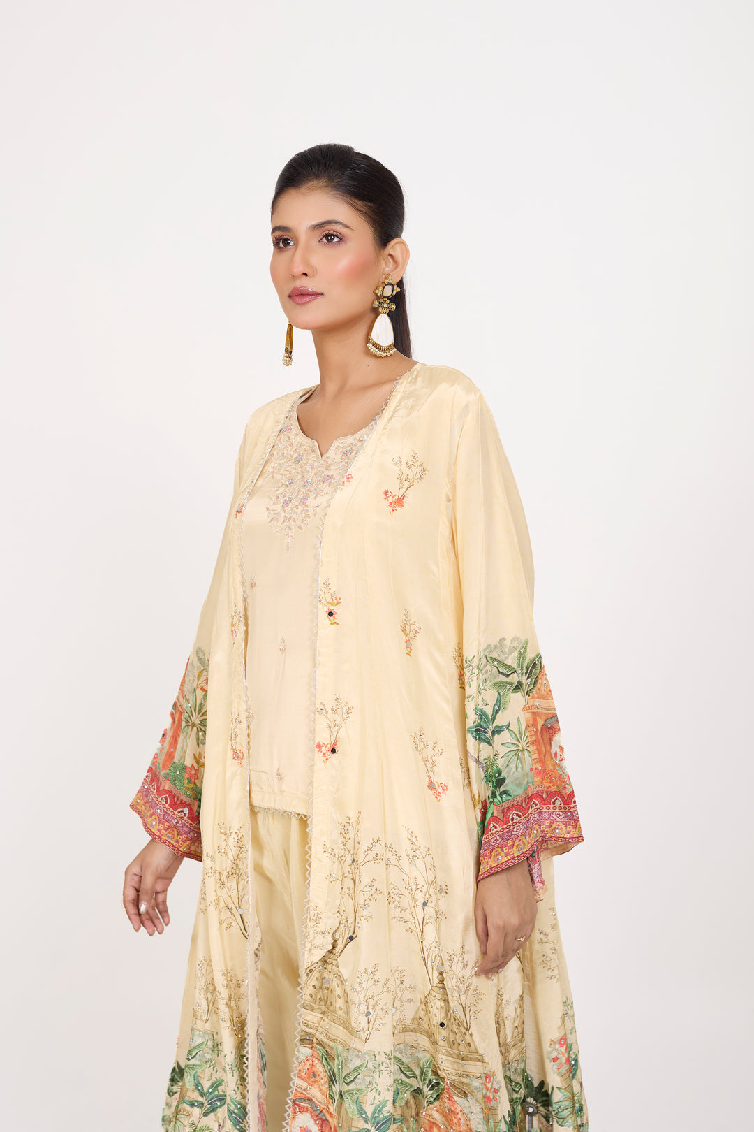 Indo-Western Printed Shrug Set - Hand Embroidered - Set of 3 - Off-White