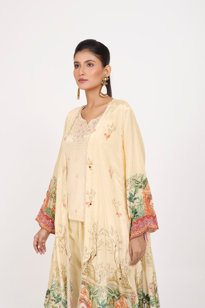 Indo-Western Printed Shrug Set - Hand Embroidered - Set of 3 - Off-White