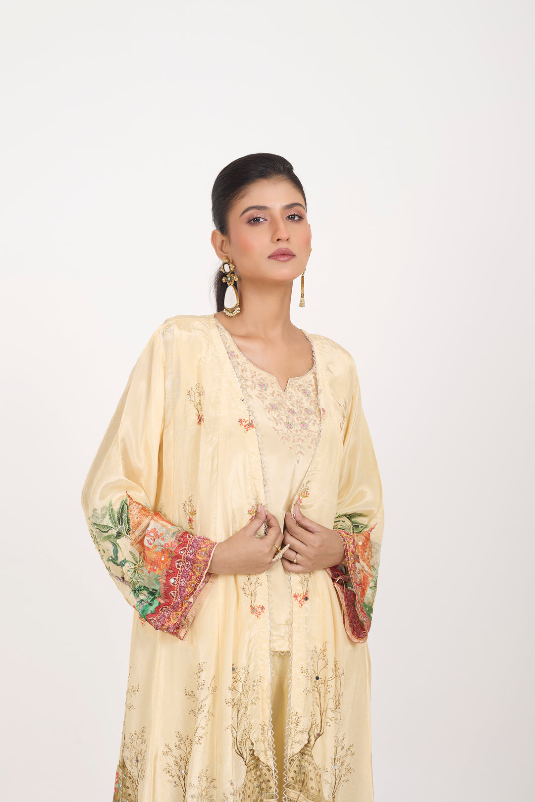 Indo-Western Printed Shrug Set - Hand Embroidered - Set of 3 - Off-White
