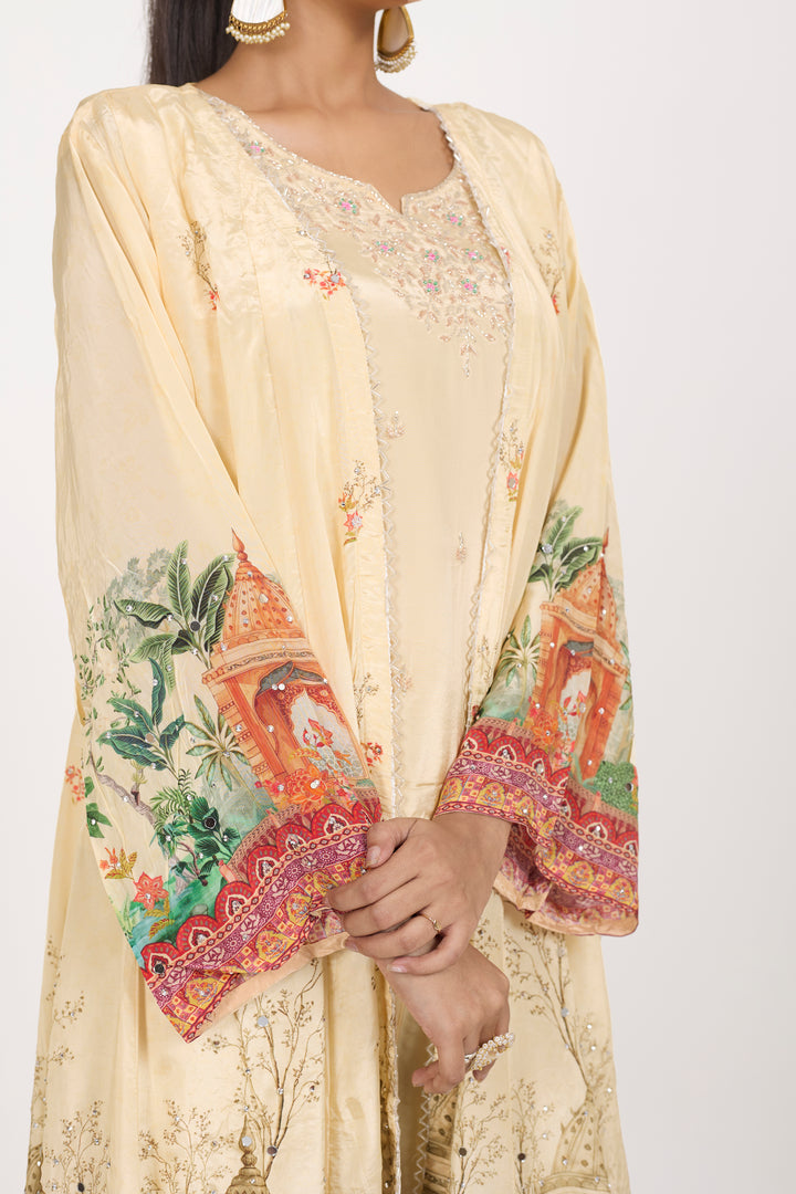 Indo-Western Printed Shrug Set - Hand Embroidered - Set of 3 - Off-White