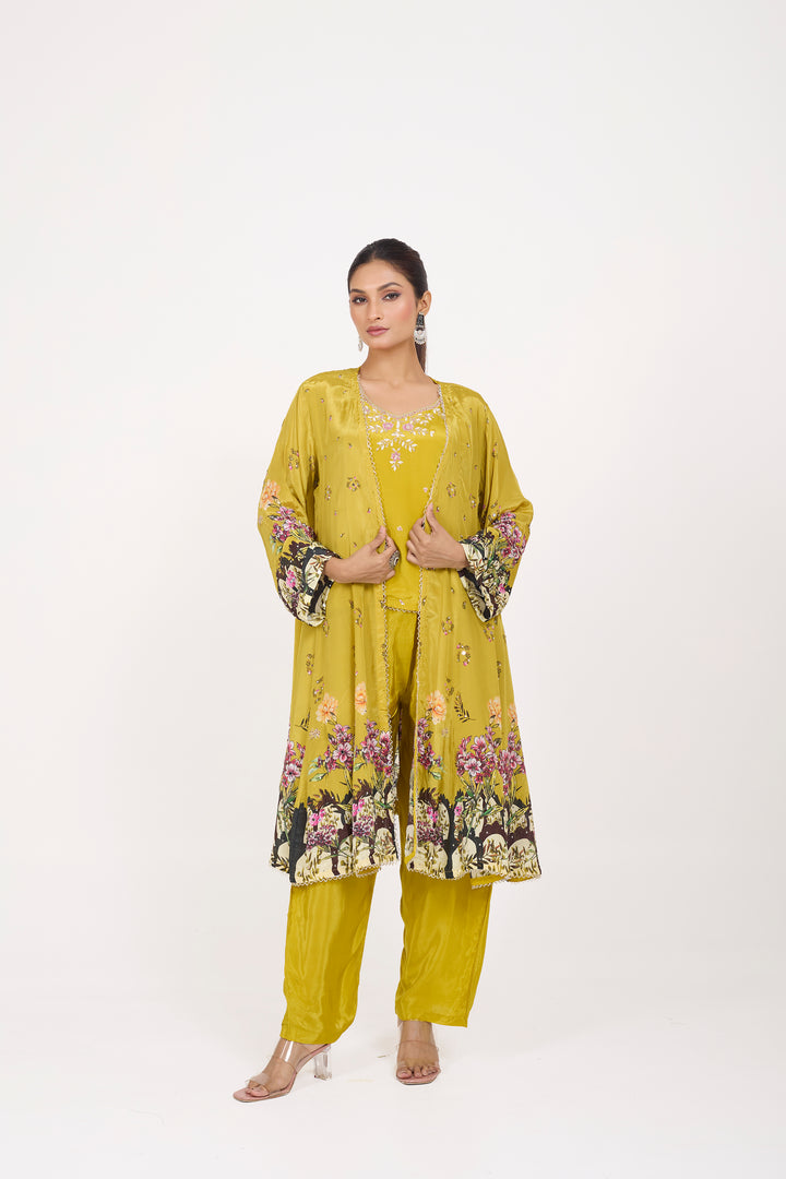 Indo-Western Printed Shrug Set - Hand Embroidered - Set of 3 - Green