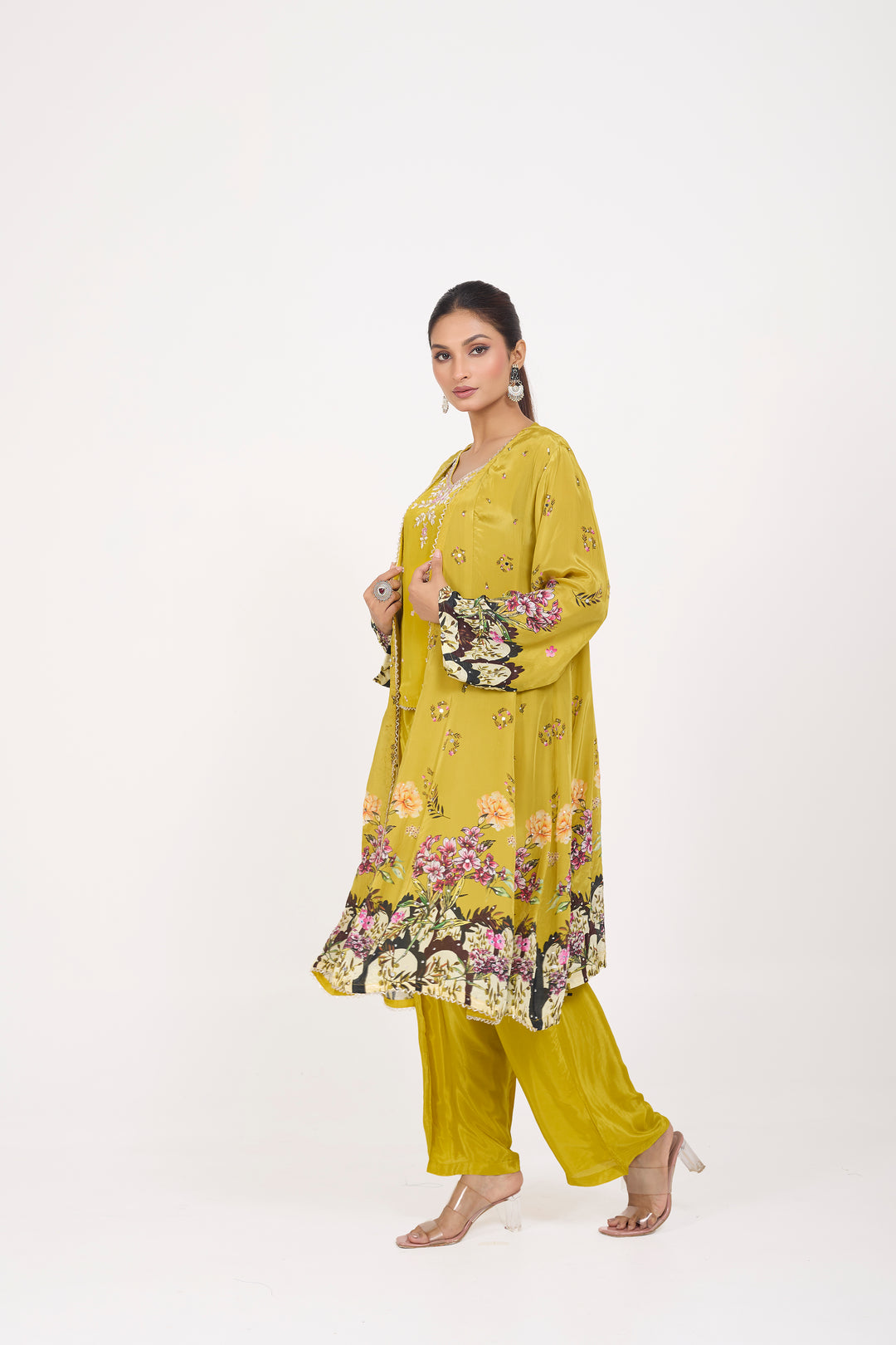 Indo-Western Printed Shrug Set - Hand Embroidered - Set of 3 - Green