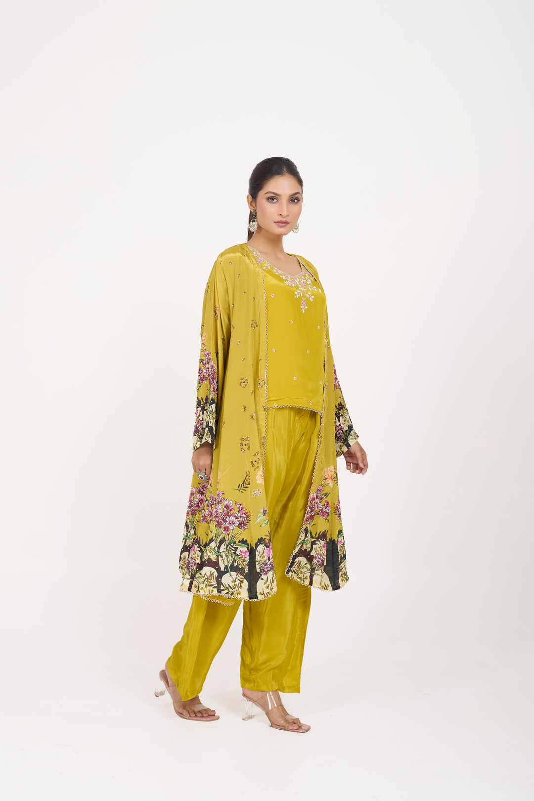 Indo-Western Printed Shrug Set - Hand Embroidered - Set of 3 - Green
