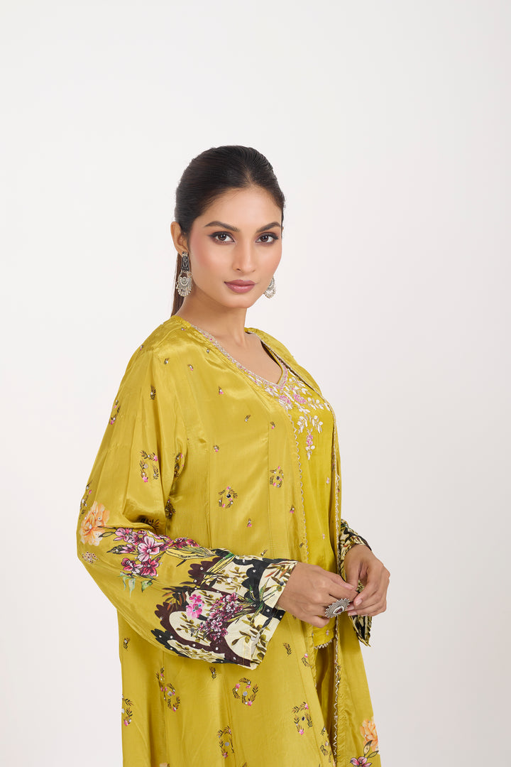 Indo-Western Printed Shrug Set - Hand Embroidered - Set of 3 - Green