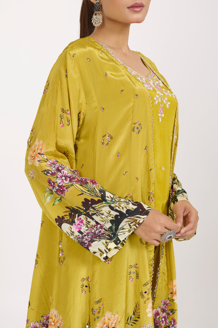 Indo-Western Printed Shrug Set - Hand Embroidered - Set of 3 - Green