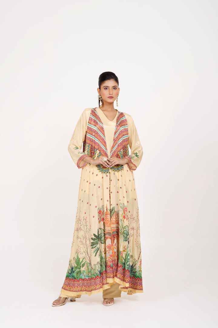 Indo-Western Printed Shrug Set - Hand Embroidered - Set of 3 - Off-White