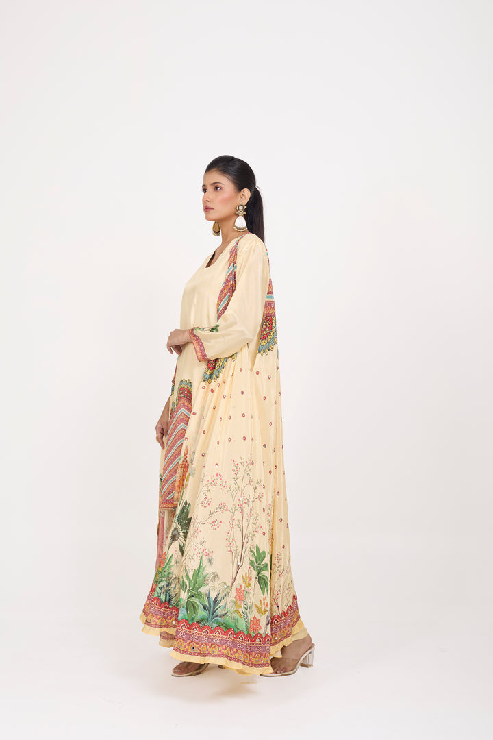 Indo-Western Printed Shrug Set - Hand Embroidered - Set of 3 - Off-White