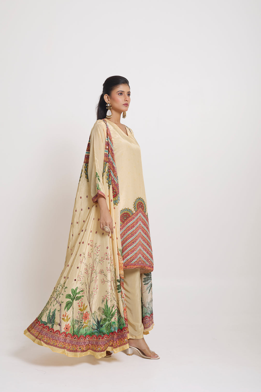 Indo-Western Printed Shrug Set - Hand Embroidered - Set of 3 - Off-White