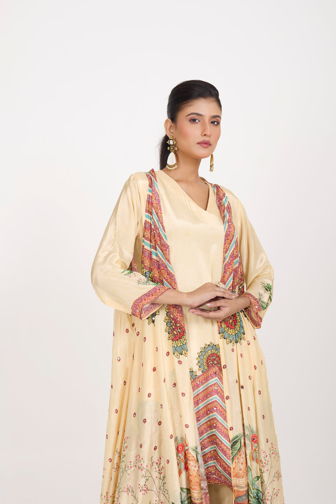Indo-Western Printed Shrug Set - Hand Embroidered - Set of 3 - Off-White