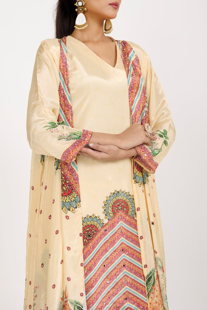 Indo-Western Printed Shrug Set - Hand Embroidered - Set of 3 - Off-White