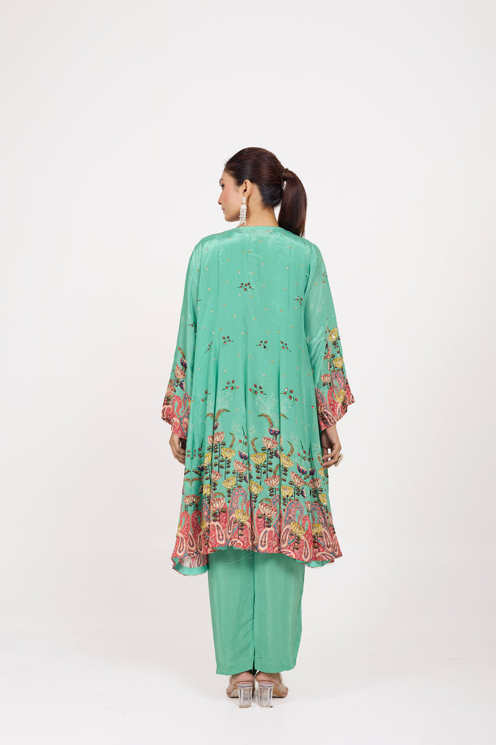 Indo-Western Printed Shrug Set - Hand Embroidered - Set of 3 - Sea Green