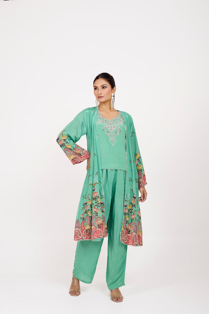 Indo-Western Printed Shrug Set - Hand Embroidered - Set of 3 - Sea Green